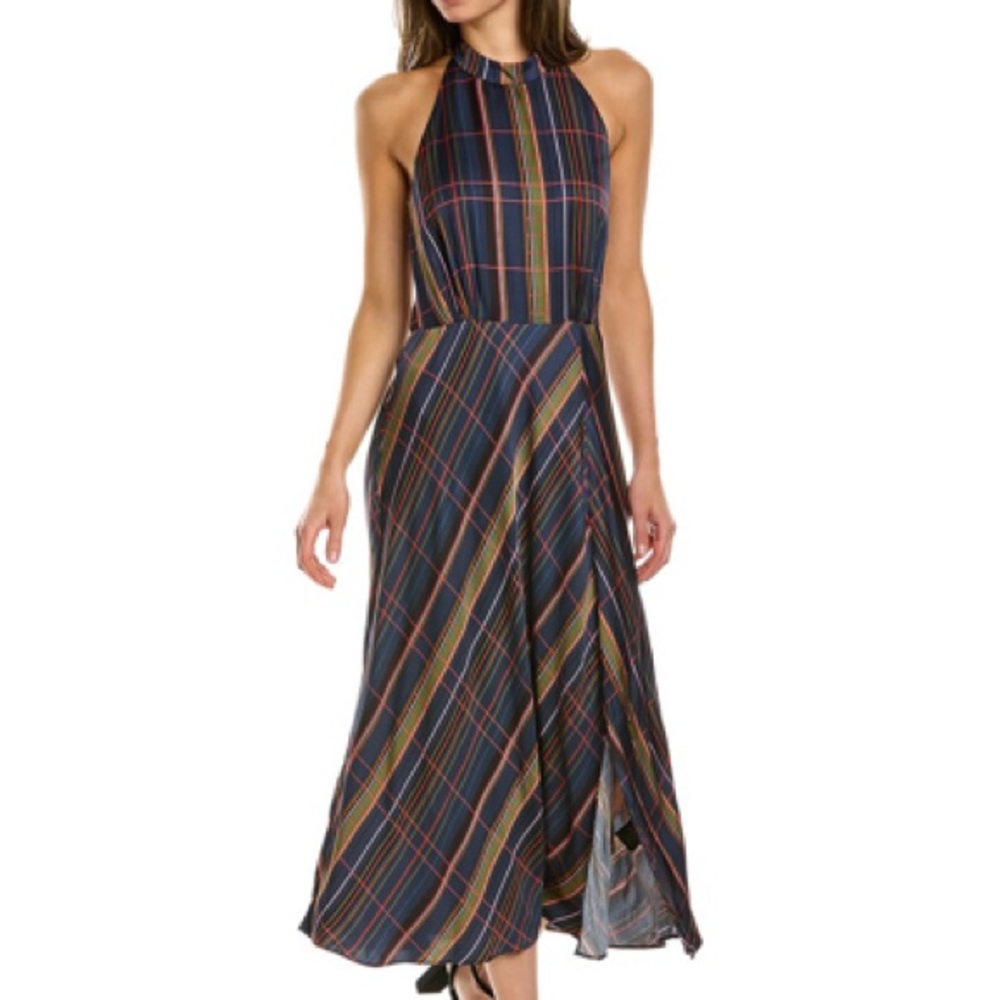 Ted Baker Plaid Halter Dress with Front Slit A Line Neck Tie Side Zip Size 2/XS